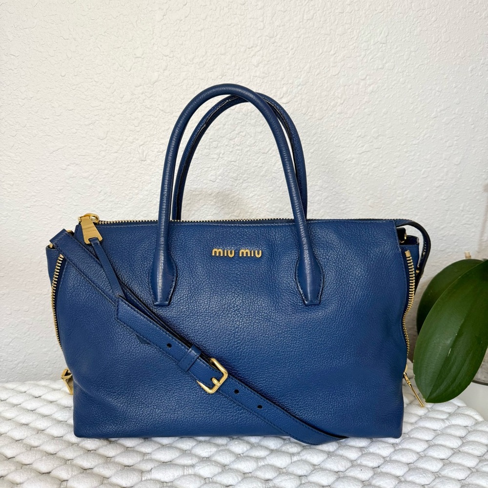 MIU MIU Tote Shoulder Crossbody Bag Leather Blue